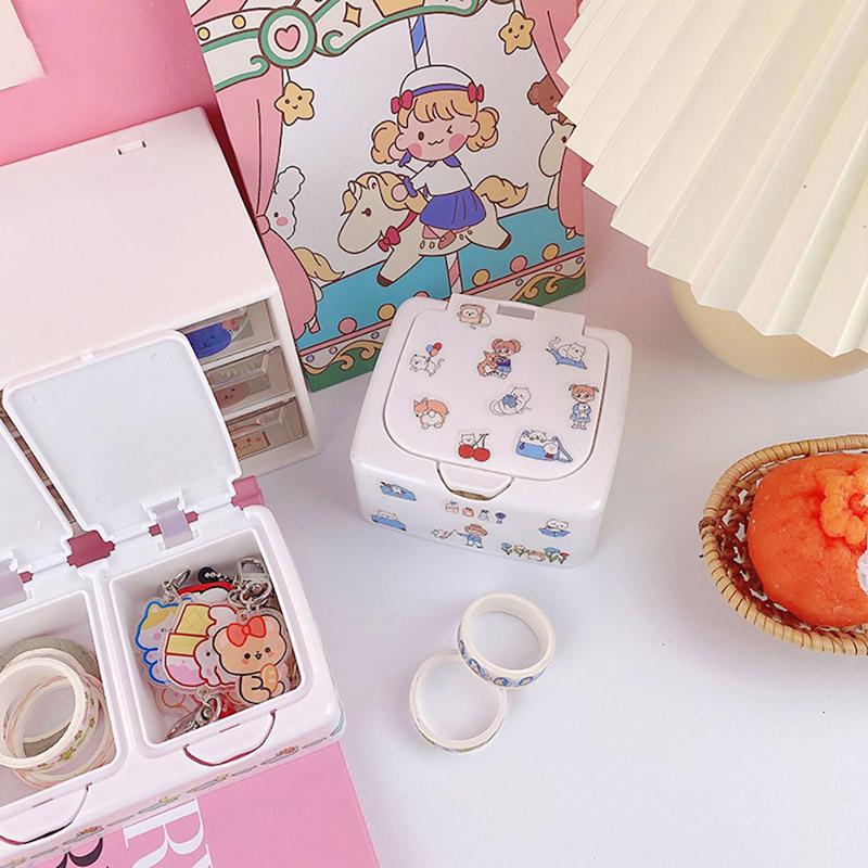 Милый пластиковый кнопочный настольный ящик для хранения ювелирных изделий, органайзер, чехол с наклейкой на крышке