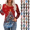 Women's Casual Top Christmas Printed Round Neck Long Sleeved Pleated T-shirt