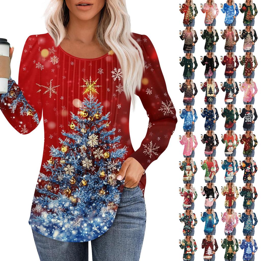 Women's Casual Top Christmas Printed Round Neck Long Sleeved Pleated T-shirt
