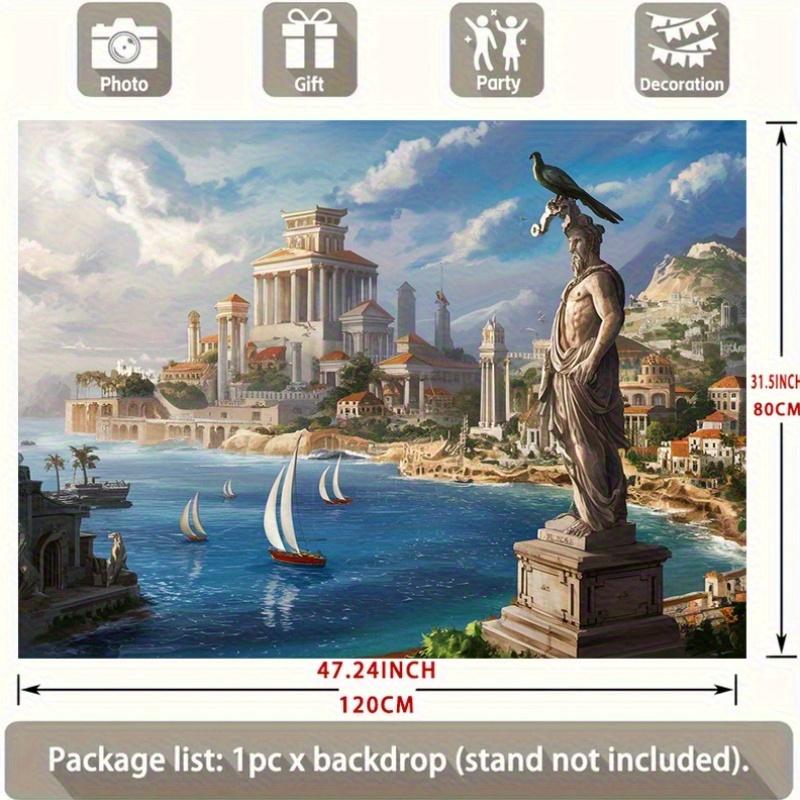 Ancient Greek Cityscape Backdrop Banner, Statues and Sailboats, 90.5x70.8 in Polyester Background for Greek Mythology Party Birthday Wedding Decor