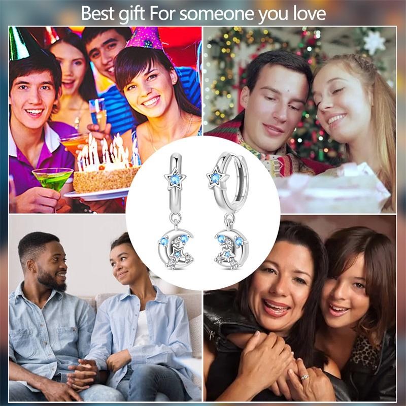 Original 925 Sterling Silver Stars Moon Earrings Women Zircon Ear Studs Sparkling Pave Hoop Earring Anniversary Jewelry Gift
