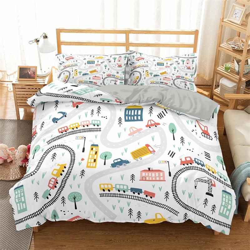 Cartoon Train Bedding Collections 23Pieces Duvet Cover Toy Car Truck Soft Quilt Cover Single Queen King Size Polyester Comforter Cover