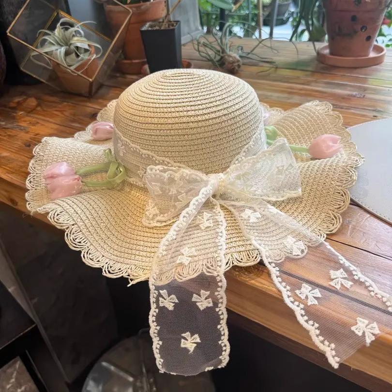 Летние цветы Соломенная шляпа Кружевная соломенная шляпа Защита от солнца УФ Пляж Пляжная фотография Девушка Шляпа с большими полями