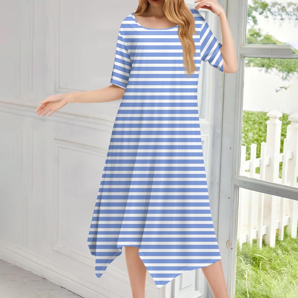 Женское повседневное модное платье миди с круглым вырезом и коротким рукавом с принтом и неровным подолом