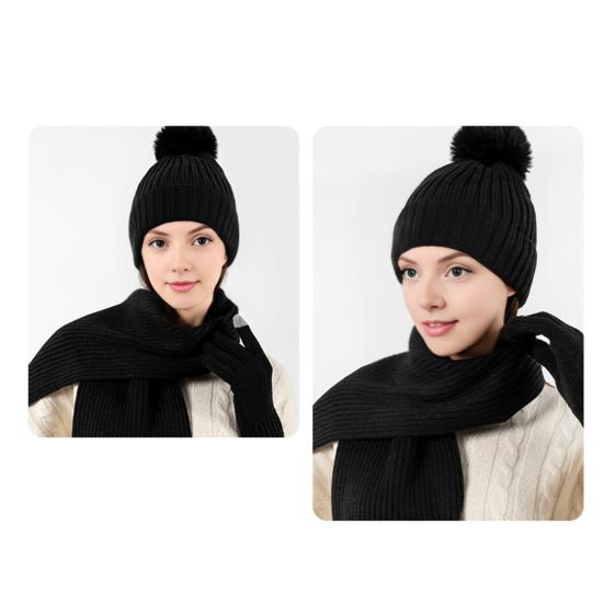 3Pcs/Set Women Winter Hat Scarf Gloves Set Solid Color Elastic Thickened Warm Brimless Hat Long Scarf Knitting Gloves Set