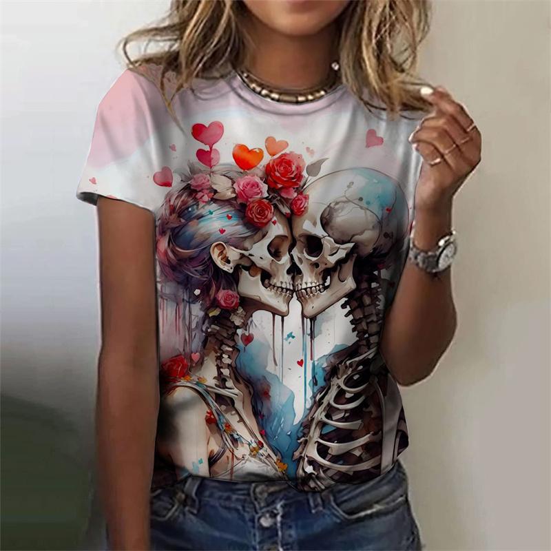 Футболка с рисунком черепа ужасов нежити для женщин, футболки с 3D-принтом для таинственной девушки, летние свободные топы с круглым вырезом, футболки с коротким рукавом