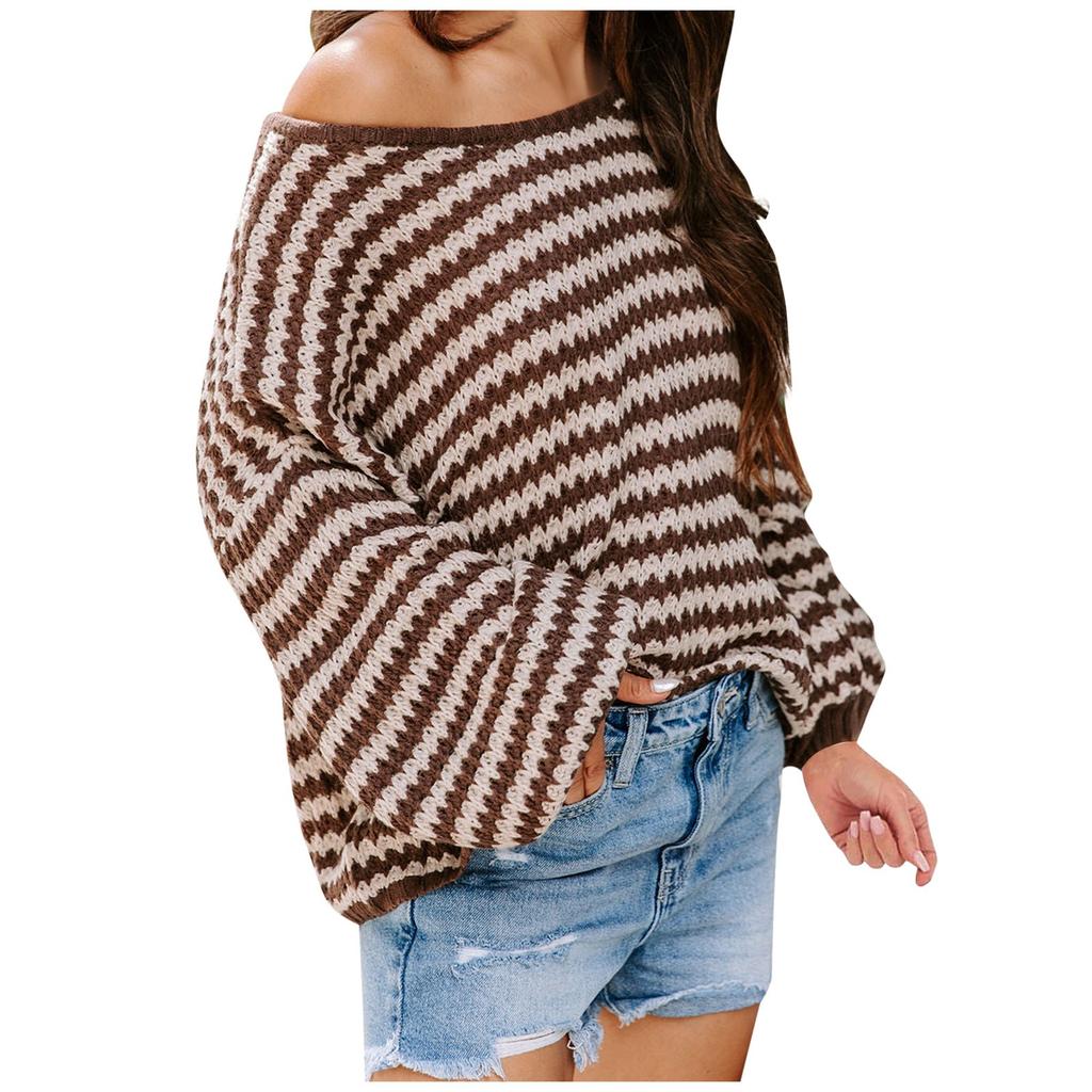 Winter Women's Oversized Long Sleeve Striped Sweater Casual Crewneck Side Split Tunic Pullover Jumper Knit Tops