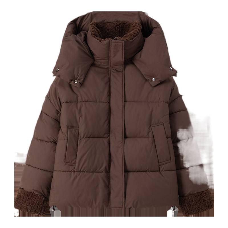 Женская зимняя хлопковая куртка пэчворк 2024 года с манжетами из овчины - Короткий европейский стиль