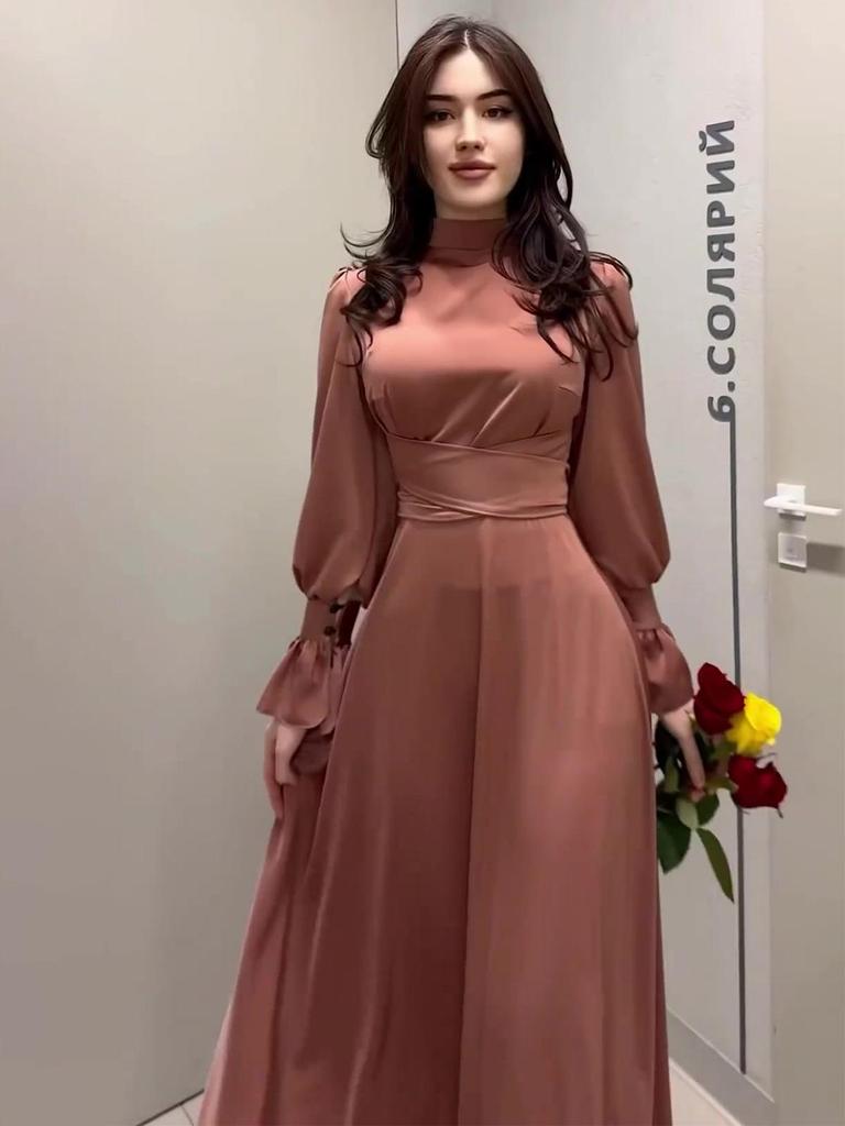 2025 Весна Атласное Элегантное Женское Платье с Длинными Рукавами и Талией