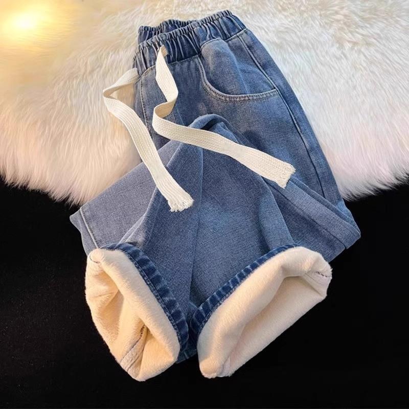 Fleece thickened jeans women's clothing, autumn and winter clothing, new student handsome elastic waist straight trousers