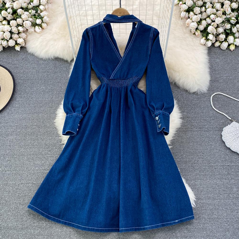 RUGOD Весеннее и осеннее джинсовое платье трапециевидной формы с воротником на талии и талией. Элегантное длинное платье.