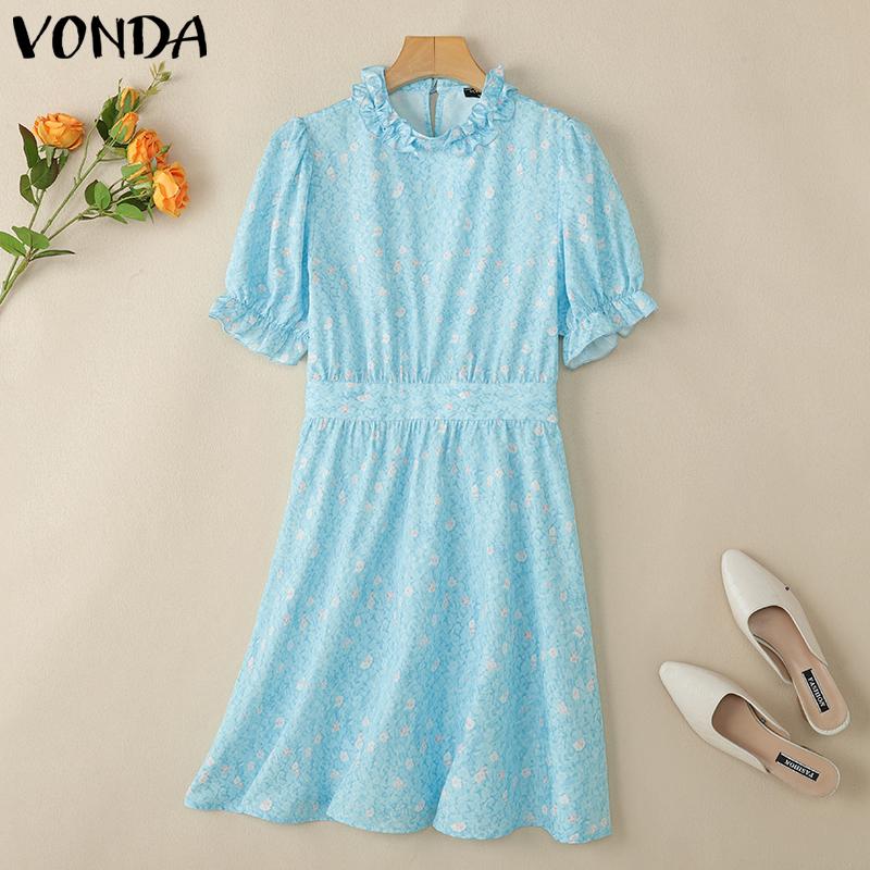 VONDA Женский летний сарафан с оборками и воротником-стойкой, коротким рукавом и цветочным принтом, повседневный, приталенный