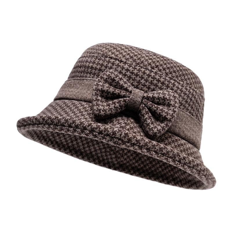Осенне-зимняя шляпа рыбака среднего возраста, женская шерстяная толстая теплая шляпа с бантом, шляпа в клетку для мам