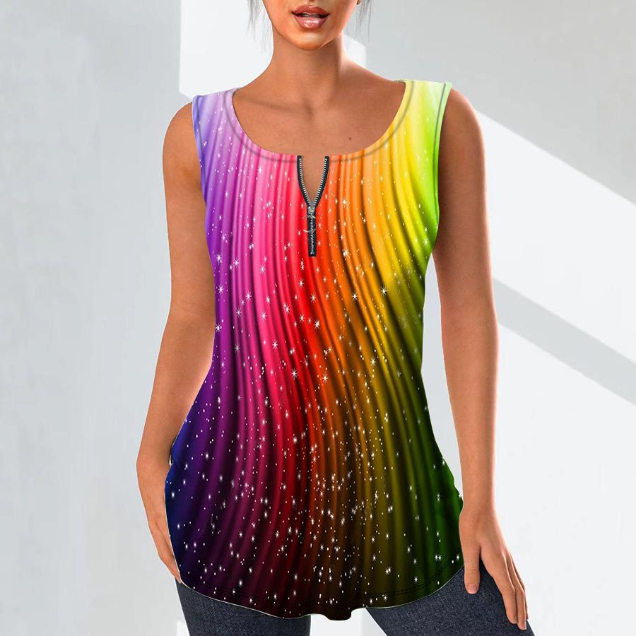 Women's Fashion V Neck Shirts Casual Tops T-shirt Ladies 3D Multicolored Lines Print Vest Plus Size Sleeveless Blouse Tank Tops