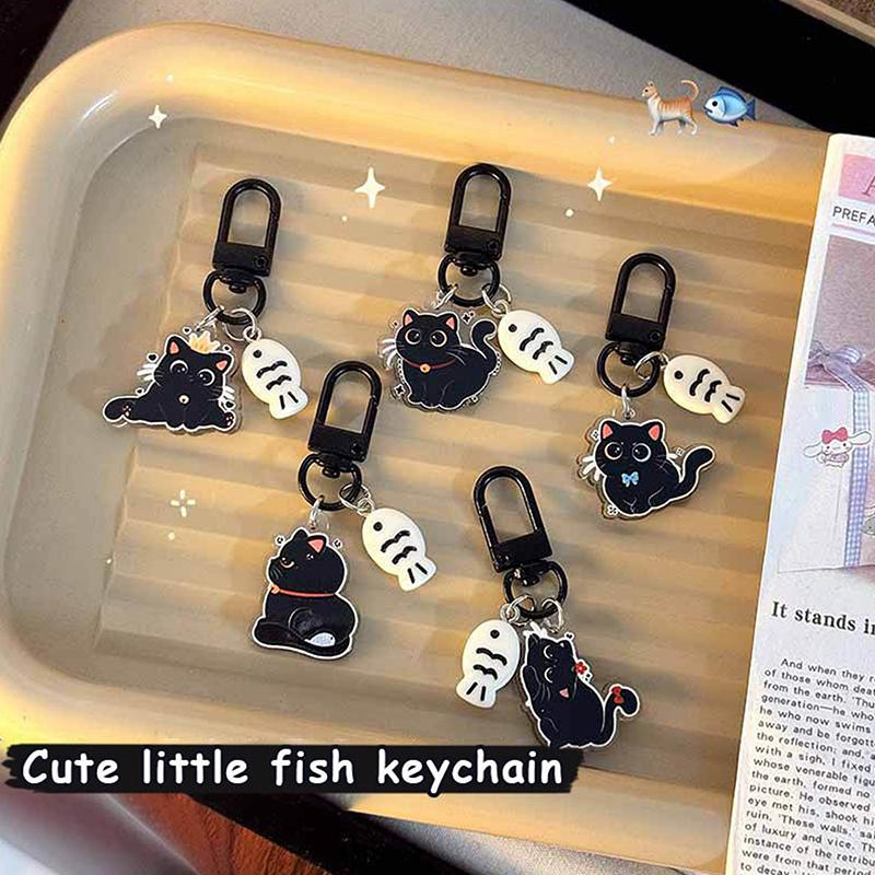 Kawaii Black Cat Little Fish Keychain Cute Cartoon Kitten Acrylic Keyring Couple Key Holder Bag Pendant Hanging Decoration Gifts