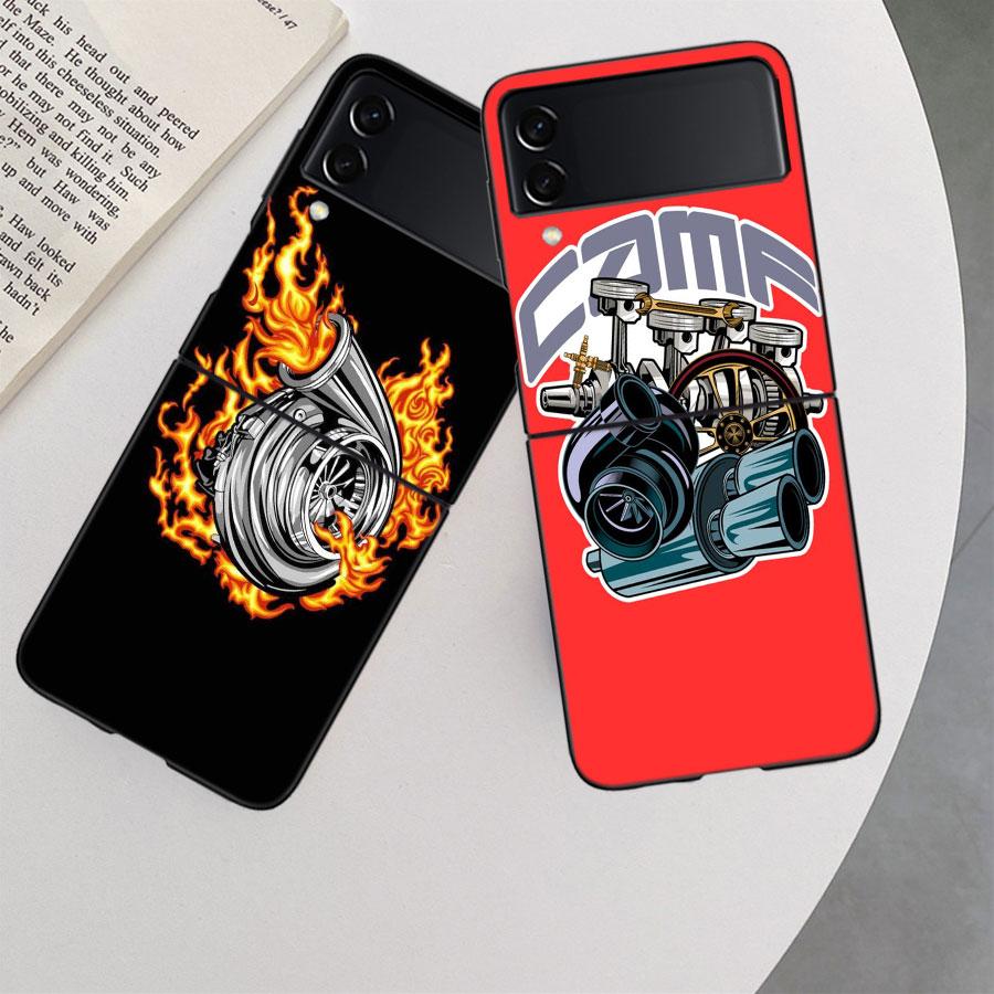 Car Parts Auto Mechanic Phone Case For Samsung Z Flip 7 6 5G Galaxy Z Flip 5 4 3 Black Hard Cell Cover Luxury PC Shell Coque