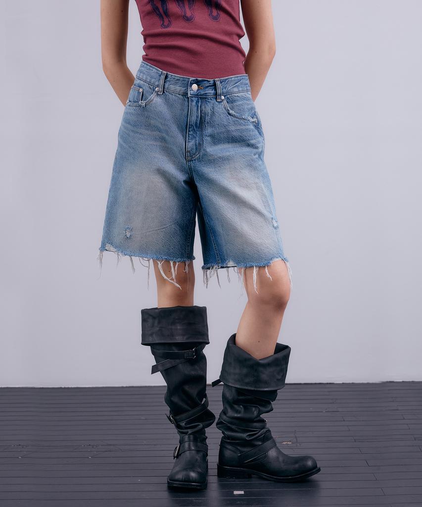 NUAKLE (W) Cut Edge Half Denim_Blue