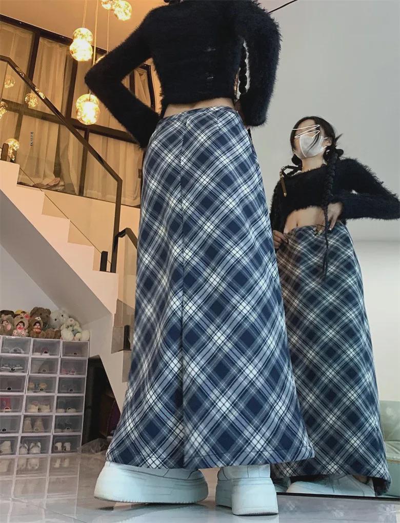 Синяя клетчатая бархатная юбка с высокой талией и тонкими краями для женщин - миниатюрная, с разрезом, осень/зима 2024 г.