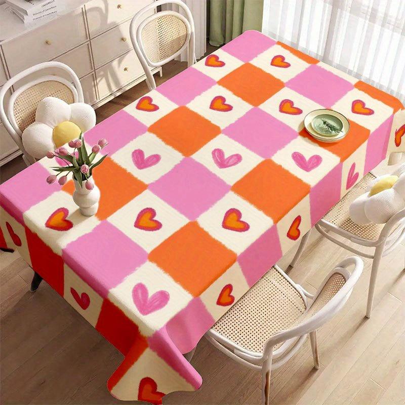 1pc Tablecloth Soft And Fashionable Orange-Pink Checkered Table Cover with Heart Pattern, Machine Washable And Easy to Clean, Suitable for Dining Tabl