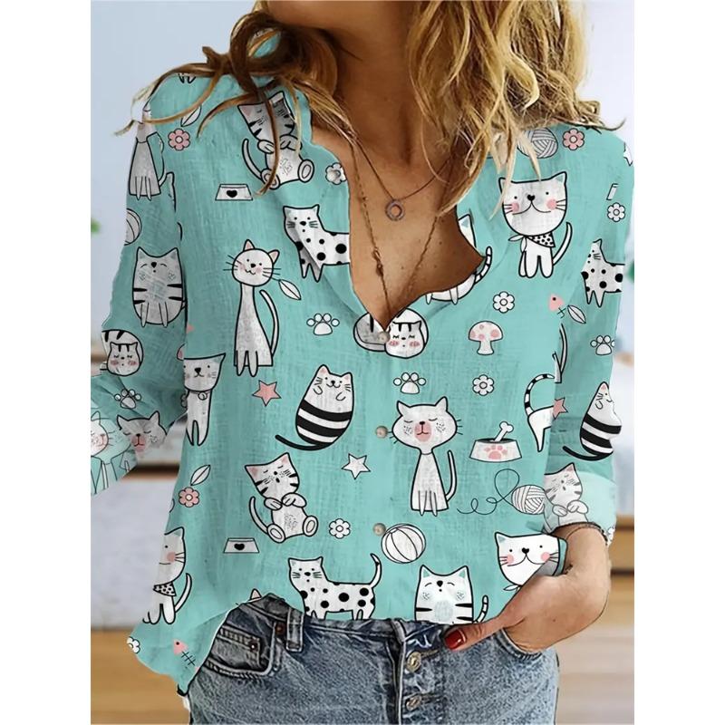 Women's Cactus Printed Top Autumn Elegant Fun Shirt Casual Loose Long Sleeve Fashion Button Top Comfortable Travel Jacket