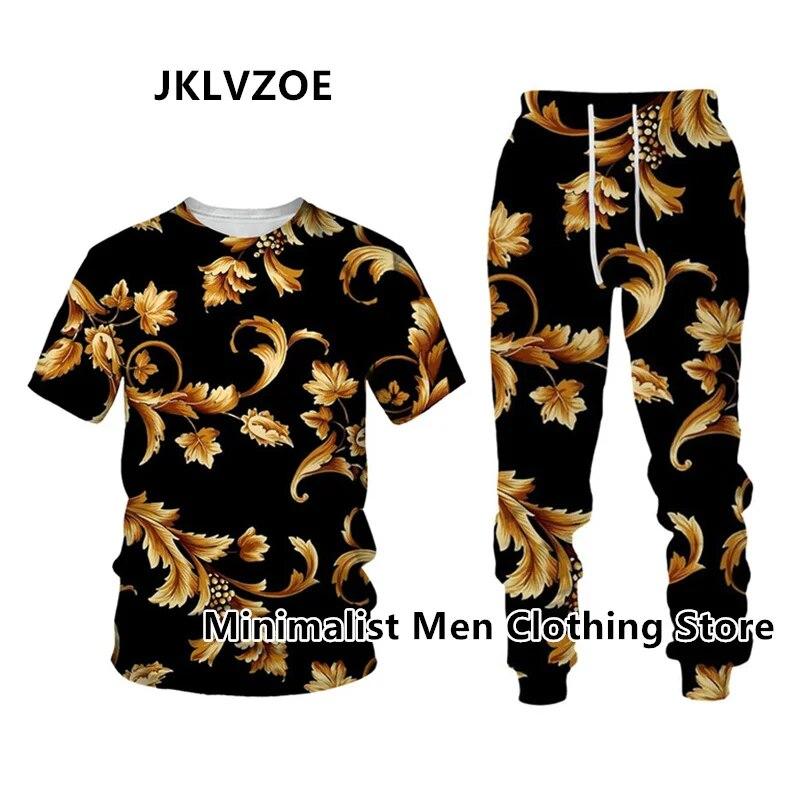 Мужской спортивный костюм, элитный бренд, футболка с коротким рукавом + длинные брюки, комплект из 2 предметов с золотистым 3D принтом, спортивная одежда для бега, повседневная уличная одежда