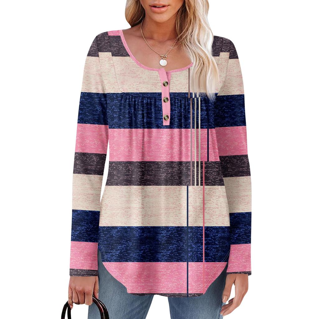 Женская туника с длинным рукавом, свободные топы, повседневные топы оверсайз, плиссированная туника, застегивающаяся на пуговицы, повседневные женские топы с принтом