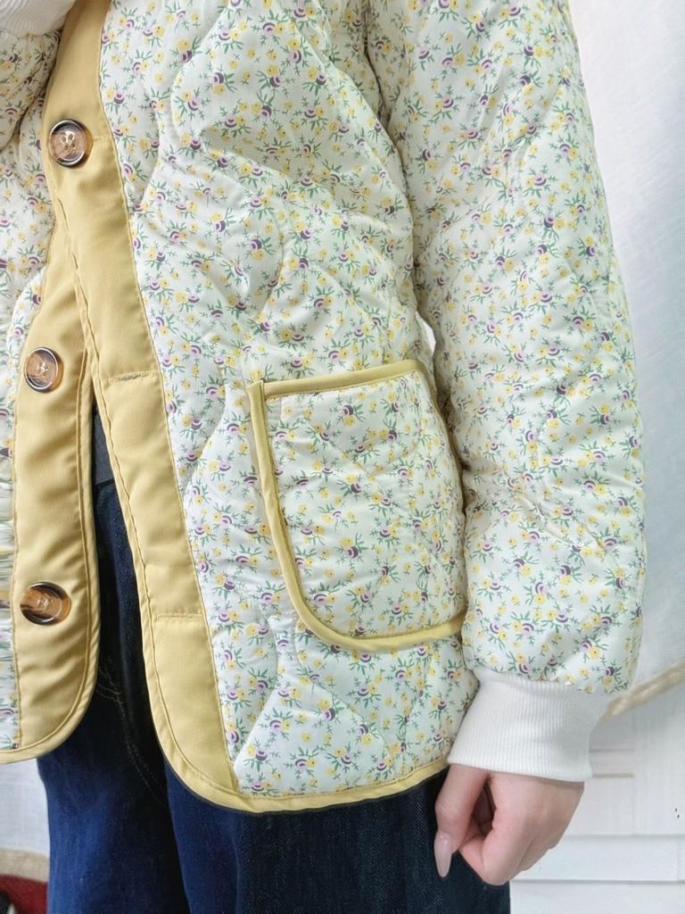 Women's Winter Lightweight Cotton Padded Jacket Light Yellow Korean Style Quilted Outerwear Northeast Floral Cotton Padded Coat