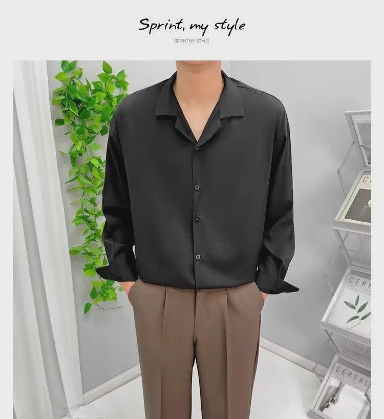 Мужская модная рубашка с длинными рукавами и кубинским воротником из ледяного шелка — свободная, повседневная, стильная для весны и осени