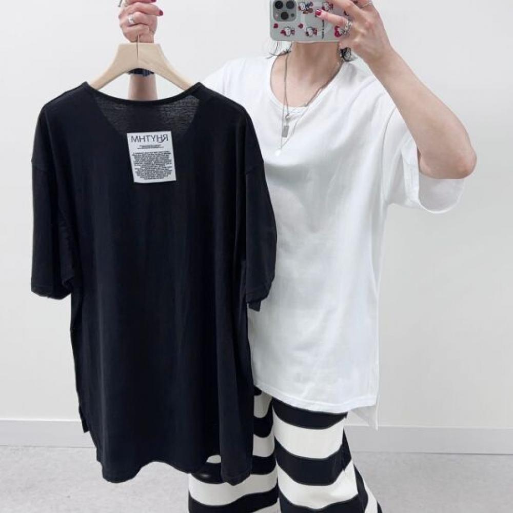 Mizqz Unisex U Neck Patch Point Daily Loose Fit Solid Unbalanced Short Sleeve