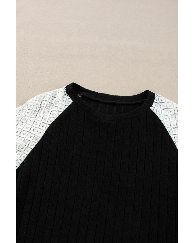 Azura Exchange Черная блузка с длинными рукавами в рубчик с цветочным принтом и лоскутным узором