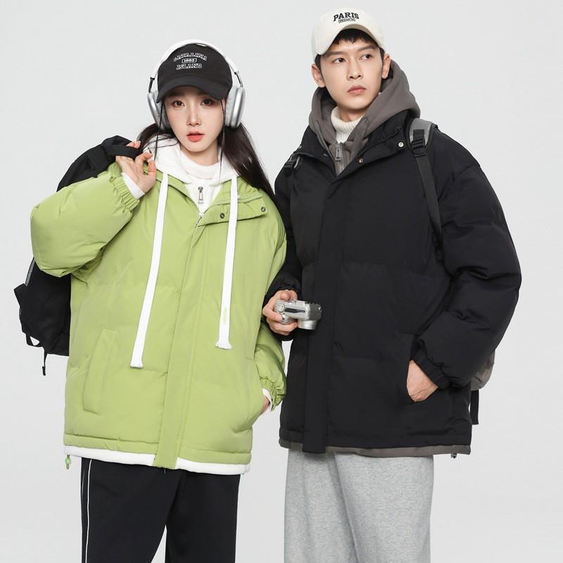 Mens Thick Winter Hooded Cotton Jacket Solid Color Loose Fit Warm Coat Youth