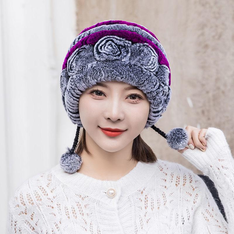 Rex Rabbit Fur Hat Autumn and Winter Fur Hat Tassel Woolen Hat Thick Warm Ear Protection Fur Hat