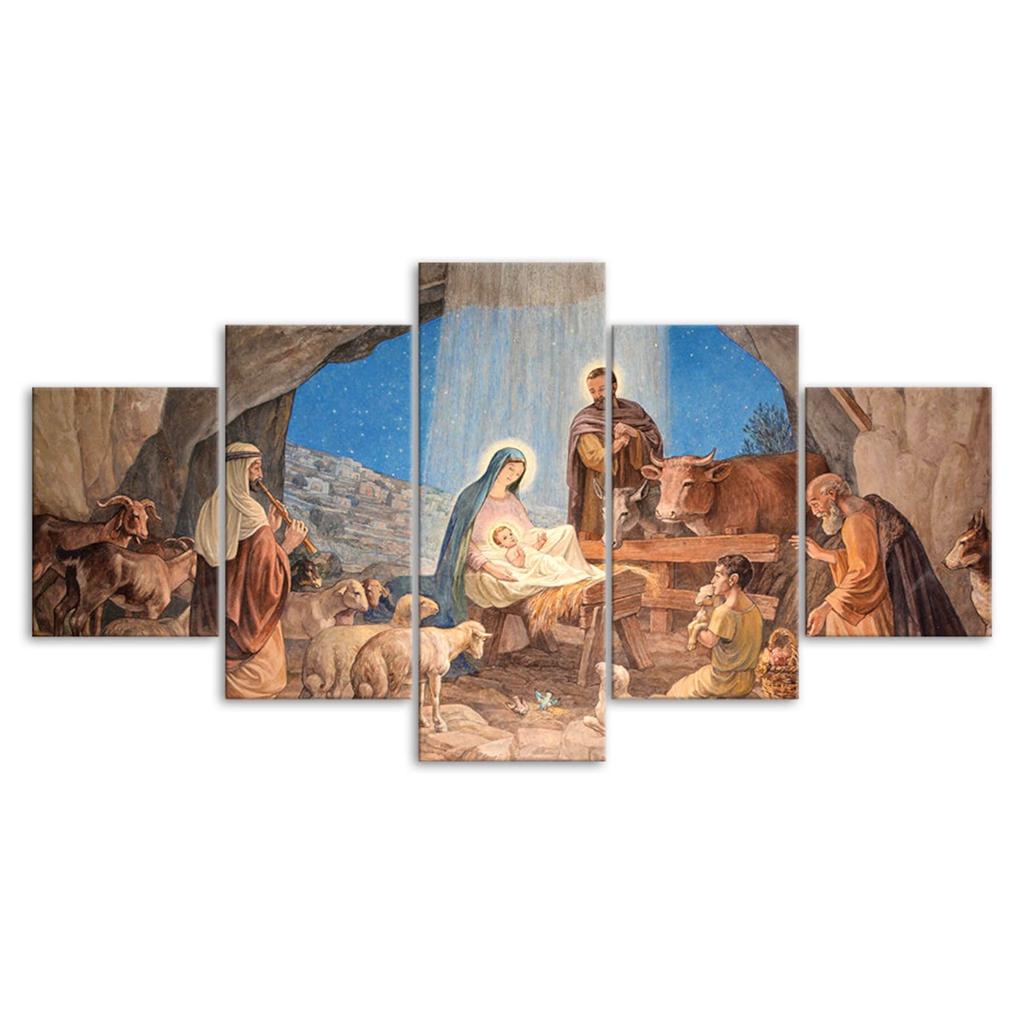 Birth of Jesus 5 Piece Canvas Wall Art Five Panel Christianity Theme Print Modern Art Poster Home Decor Picture Gift For Him For Her