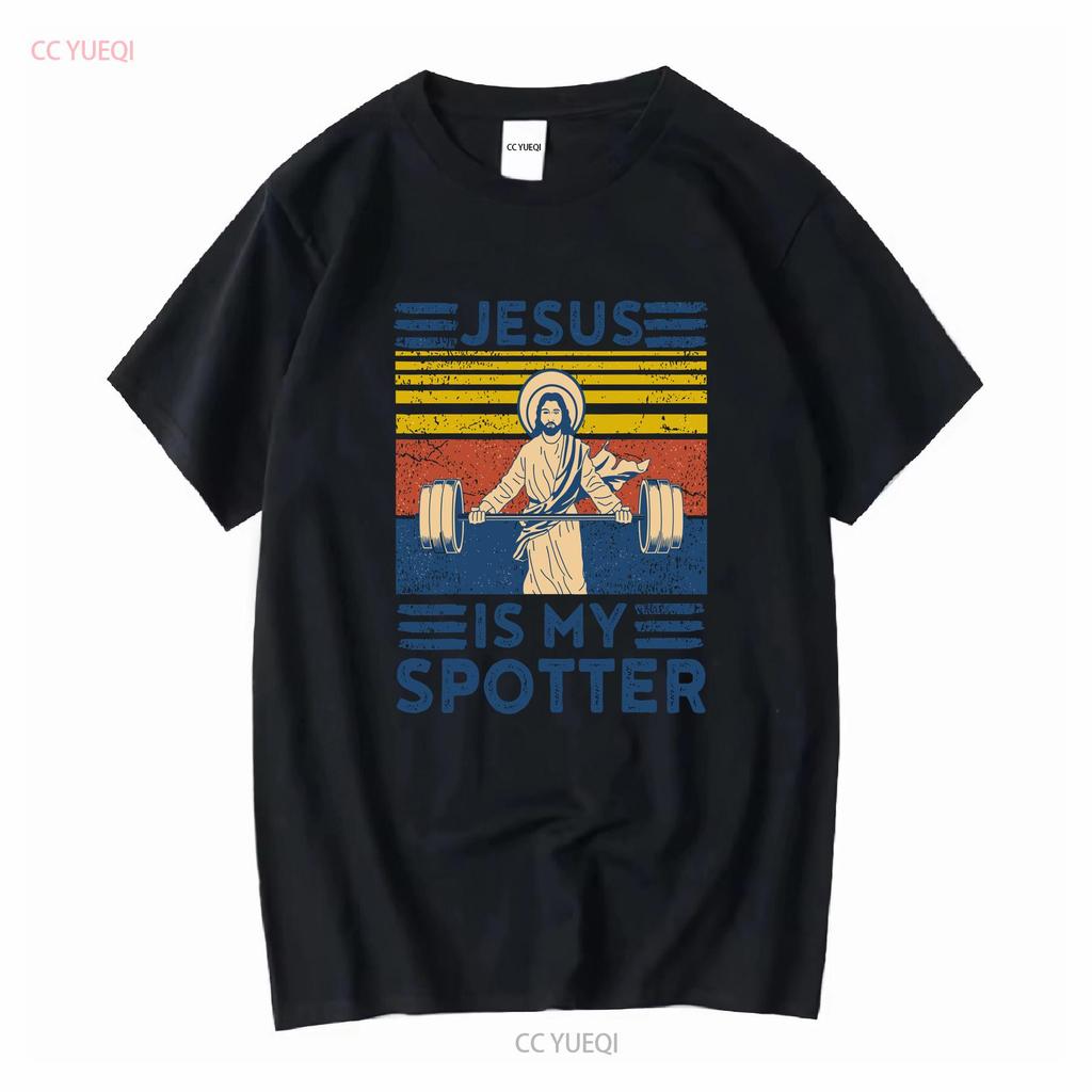 Rare New Funny Gym T Shirt Jesus Is My Spotter Workout vintage Washed fashion Breathable Casual Soft designer clothes