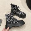 SyfIyno Autumn and Winter New Printed Fashion Women's Boots with Lace Up Round Toe Thick Soled Short Boots Plus Size 35-42