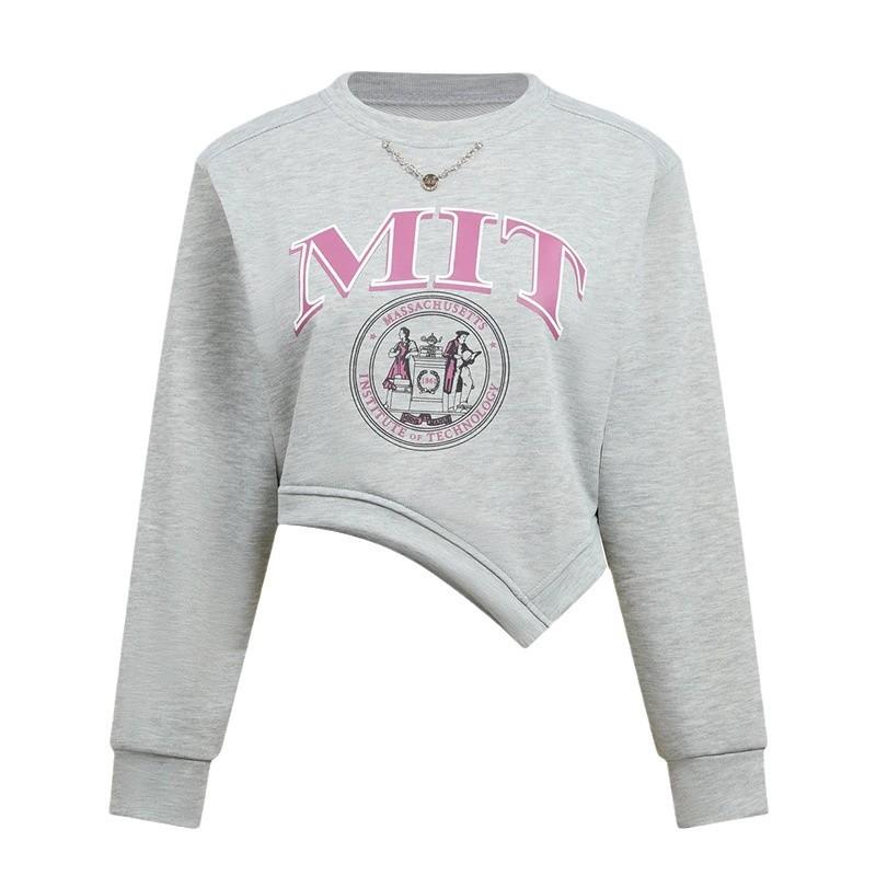 Женская свободная принтованная короткая женская толстовка с длинным рукавом и неровным подолом