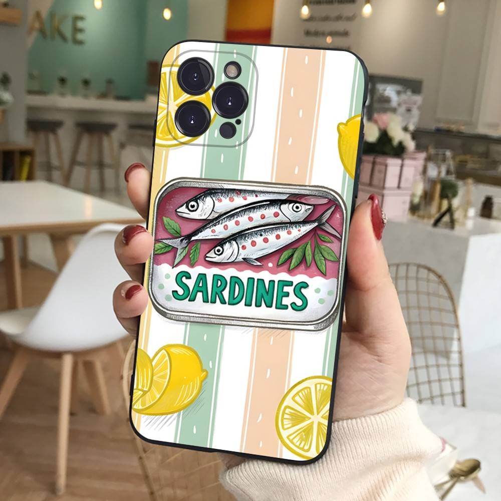 Силиконовый чехол для телефона с сардинами для iPhone 11 12 13 14 15 16 17 Pro Max Черный чехол