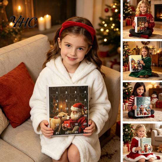 Creative Christmas Souvenir for Family Advent Calendar, 24 Day Countdown Box with Highland Cow Decorative Acrylic Ornaments Windows Doors Pendants,