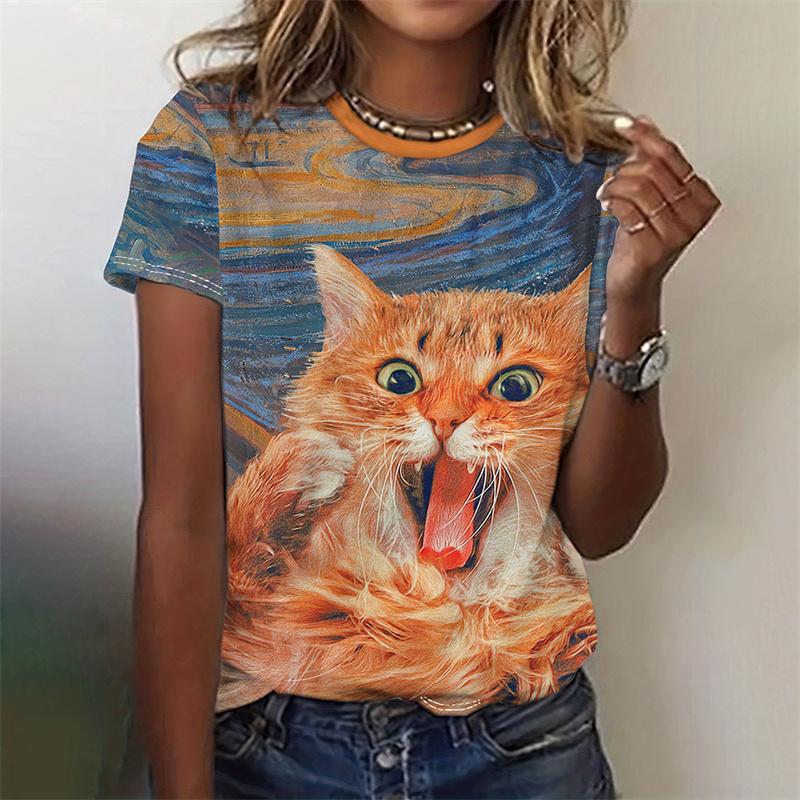 3D Printed Funny Cat T-Shirt For Women Cute Pet Animal Pattern Tees Summer Casual Short Sleeves Oversized T Shirts O-Neck Tops