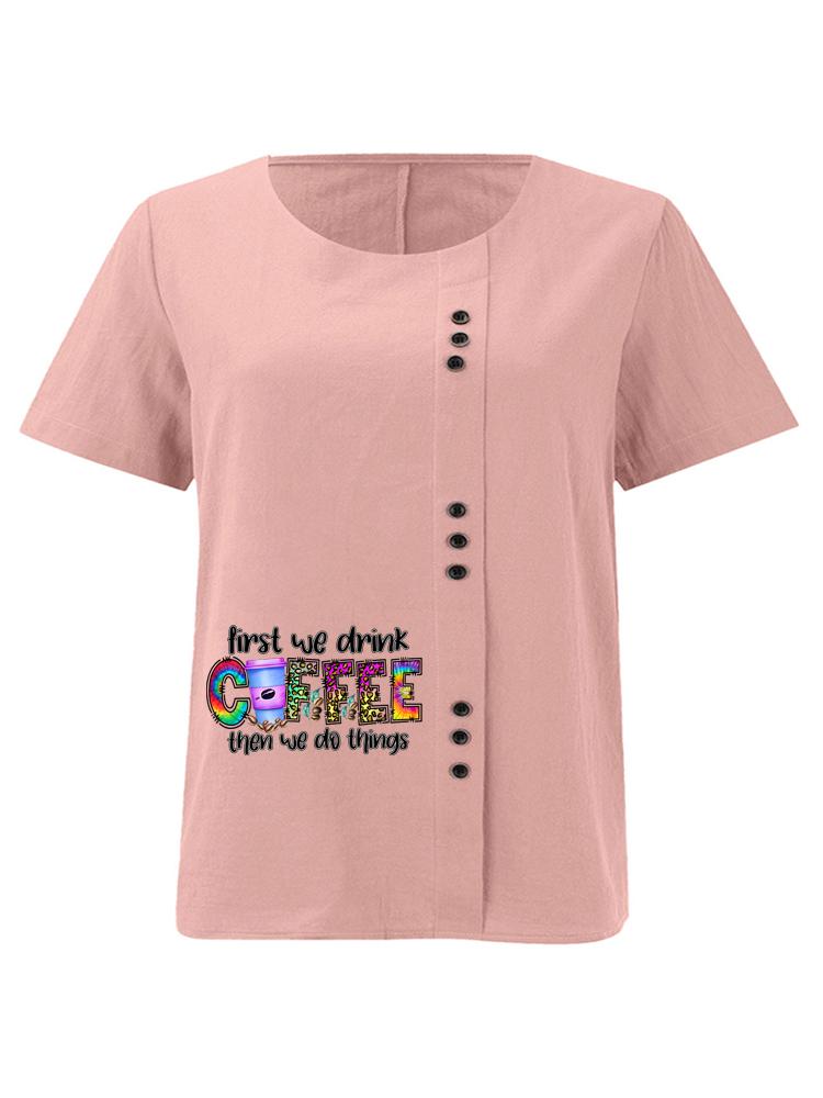 Women's Fashion Coffee Alphabet Print Printing Shot Sleeve T-shirt Loose Cotton Shirt Casual Loose Summer Plus Size Blouse Tops