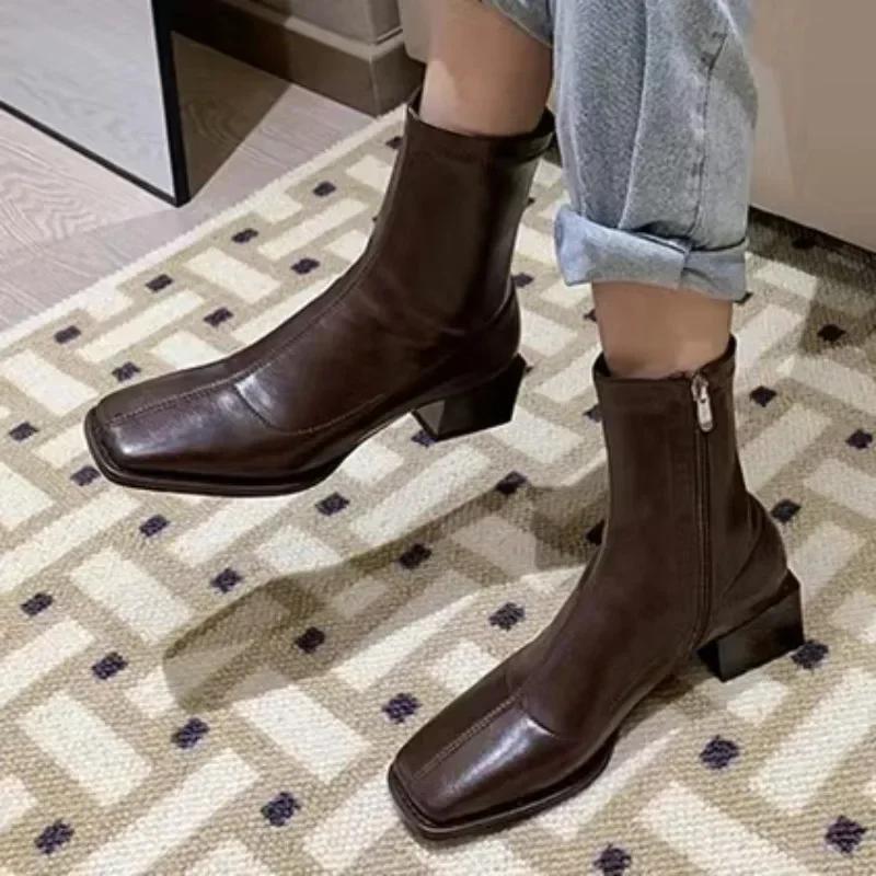 Fashion 2024 High Quality Ladies Shoes Zipper Women's Boots Winter Square Toe Solid Short Barrel Chunky Heels Fashion Mid Calf Boots