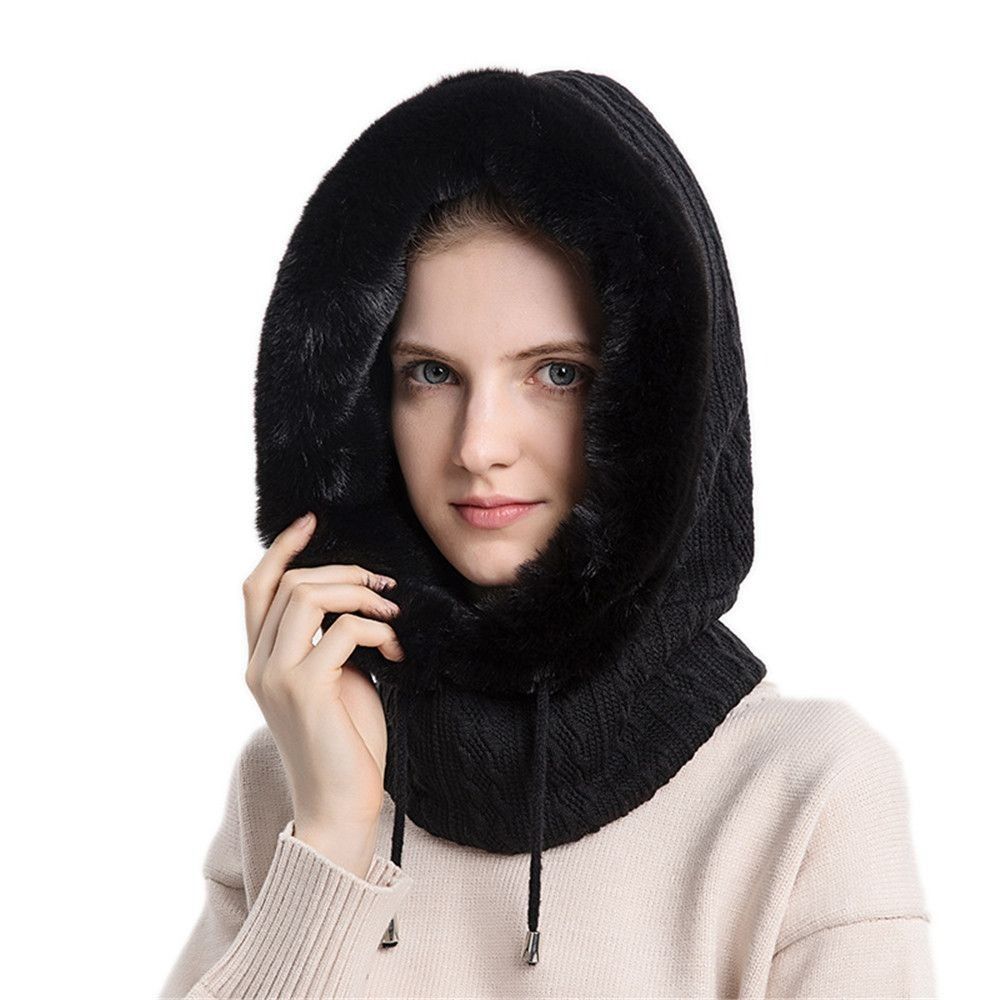 Plush Lining Winter Balaclava Ear Protection Warm Neck Hood Knitted Beanies Hat for Men Women