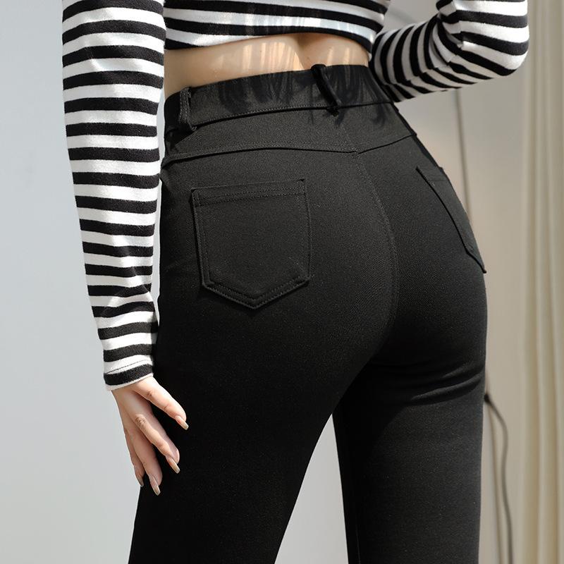 Женские расклешенные брюки, модные повседневные микро-эластичные тонкие черные брюки с высокой талией