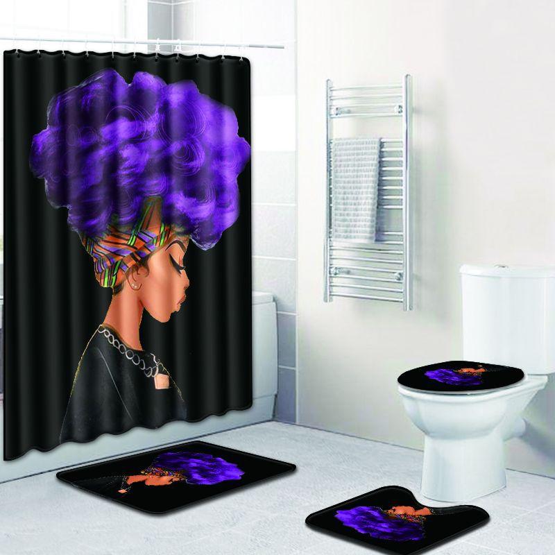 African Woman Digital Printing Creative Shower Curtain Floor Mat Set Bathroom Carpet