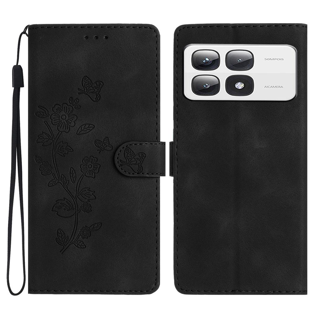 For Xiaomi 14T Pro Case Leather Imprinted Flower Phone Cover Wallet with Wrist Strap