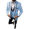 Небесно-голубой пиджак Комплекты Костюмы Ropa Hombre Деловой костюм для свадебной вечеринки Повседневный мужской костюм для хозяина Обычный комплект из 3 предметов: куртка + брюки + жилет