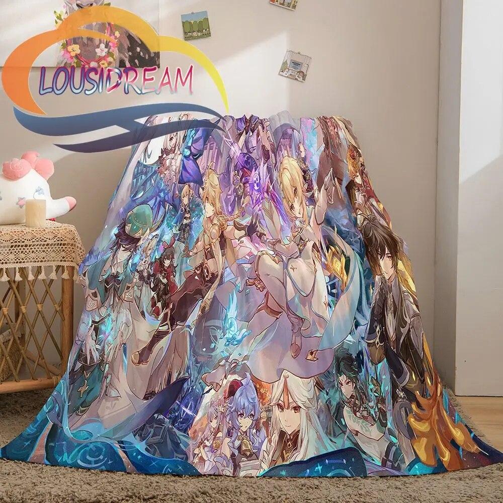 Adventure Game Genshin Impact Cartoon Flannel Blanket Cozy Bed Lightweight Soft Throw Sofa Quilt for All Seasons