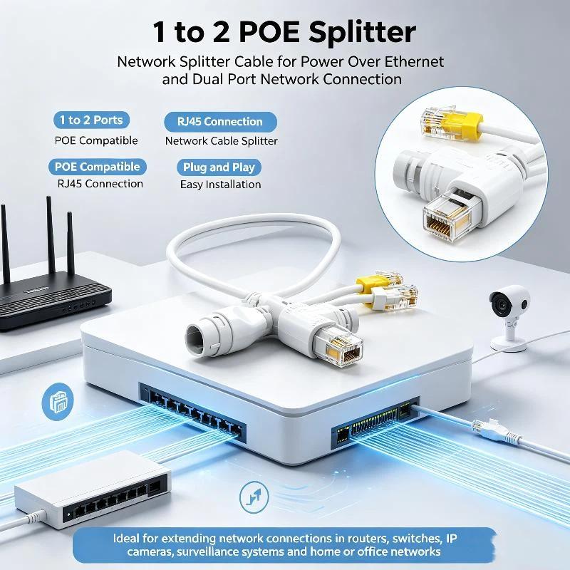 2 In 1 POE Splitter Adapter 3 Way RJ45 Connector Durable Stable Transmission for CCTV IP Camera Security Monitoring System