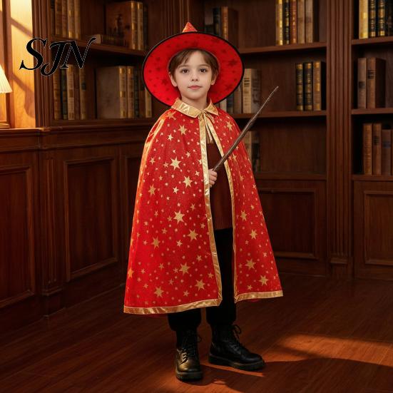 Star Pattern Wizard Cape Kids Cloak with Hat for Boys Girls, Halloween Witch Comfortable Loose Fit Costume Prop Party Cosplay Outfit,