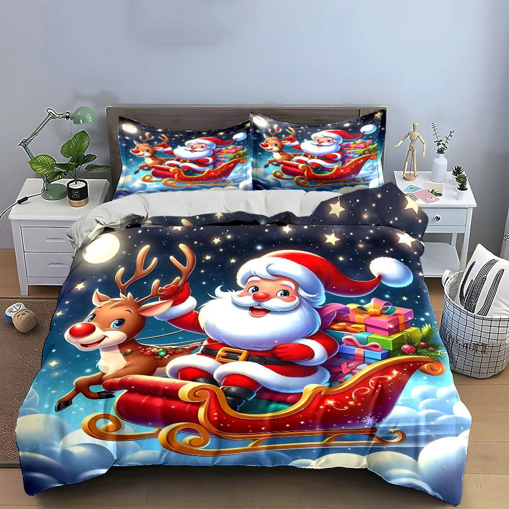 Santa Claus Sleigh with Reindeer Bedding Duvet Cover Set Duvet Cover Pillowcases (1*Duvet Cover 2*Pillowcases, without duvet insert)